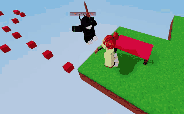 a screenshot of a video game shows a person holding a sword and another person laying on a red table