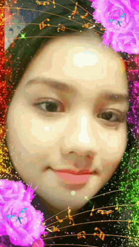 a girl 's face is surrounded by music notes and flowers