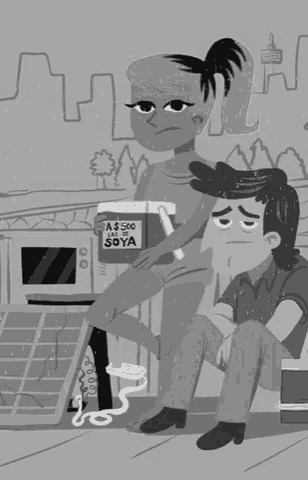 a black and white drawing of a man and a woman sitting next to each other with a box of soya on the floor