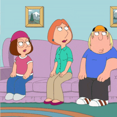 family guy characters sitting on a couch with one wearing a blue shirt