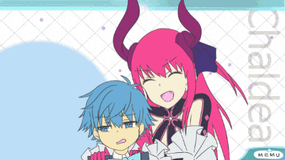 a cartoon drawing of a girl with horns and a boy with blue hair and the word chaidea on the bottom right