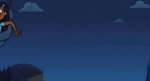 a cartoon character is flying through the air with a blue sky in the background