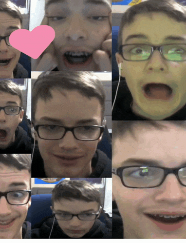 a collage of faces of a boy with glasses