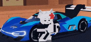 a cartoon character stands in front of a blue race car with the letter r on it