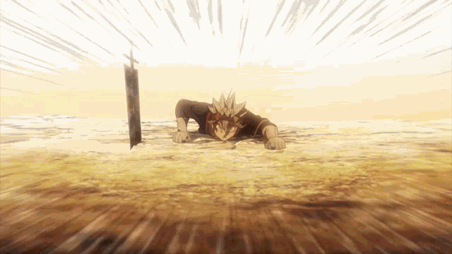 a cartoon character is crawling in the dirt with a sword in the background