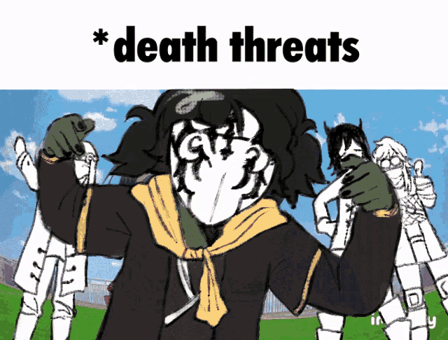 a cartoon of a group of people with the words death threats on the top