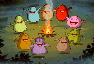 a group of cartoon characters standing around a fire