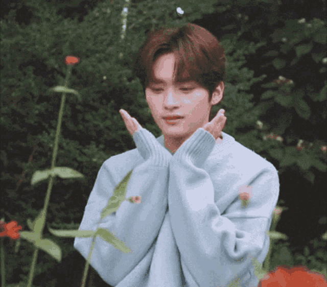a young man in a blue sweater is standing in a garden with his hands folded in front of flowers .