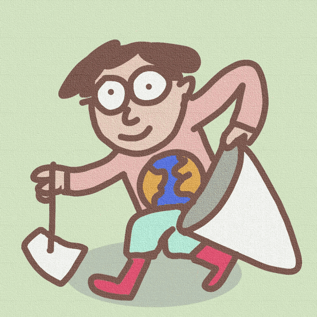 a cartoon drawing of a man holding a shovel and a bag