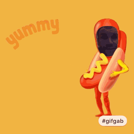 a man in a hot dog costume with mustard on it