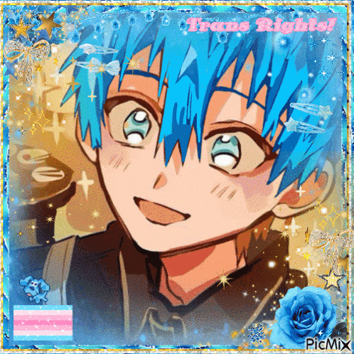 a picture of a boy with blue hair and the words " trans rights " on the bottom
