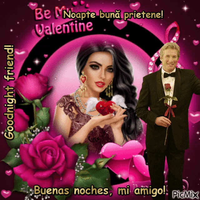 a man in a tuxedo holds a rose next to a woman holding a heart in her hand
