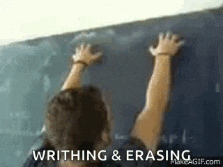 a person is writing on a blackboard with their hands and the words writing and erasing are visible .