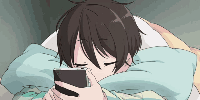 a cartoon of a girl laying in bed looking at her phone