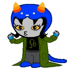 a pixel art drawing of a cat wearing a blue hat and a green coat with the letter s on it