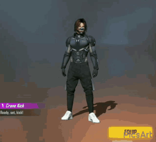 a man in a mask is jumping in the air in front of a yellow sign that says equip pics art