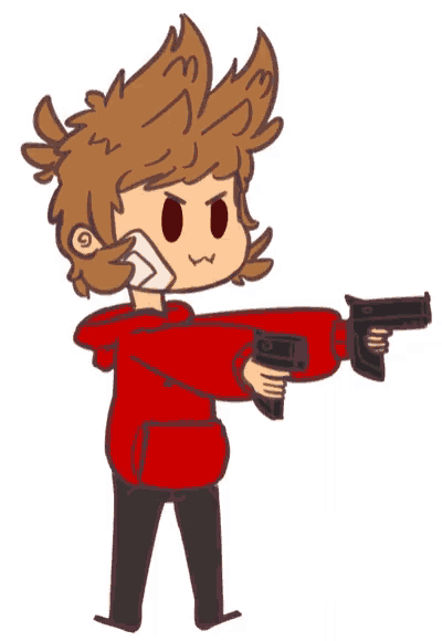 a cartoon character in a red hoodie is holding two guns