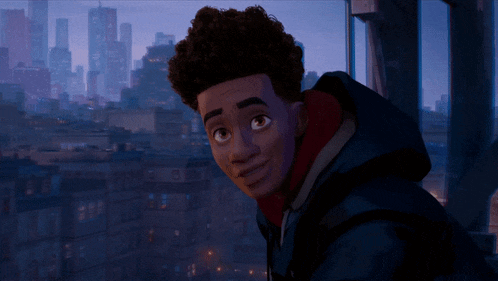 a cartoon character says ahhh right in front of a city skyline