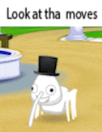 a white ant wearing a top hat is standing on a dirt path .