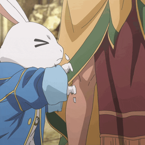 a white rabbit with a v on its face is standing next to a person