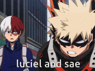 two anime characters are standing next to each other with the words luciel and sae on the bottom right
