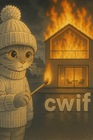 a cat in a sweater is holding a match in front of a burning house and the word cwif
