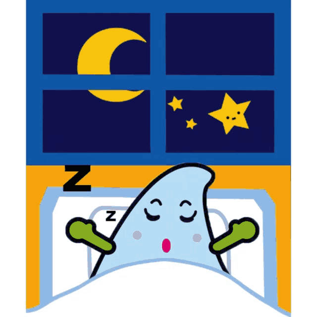 a cartoon character is sleeping in front of a window with a crescent moon and stars in the background