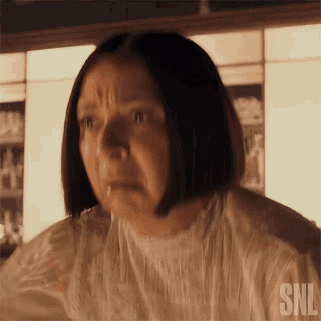 a close up of a woman 's face with a snl logo on the bottom