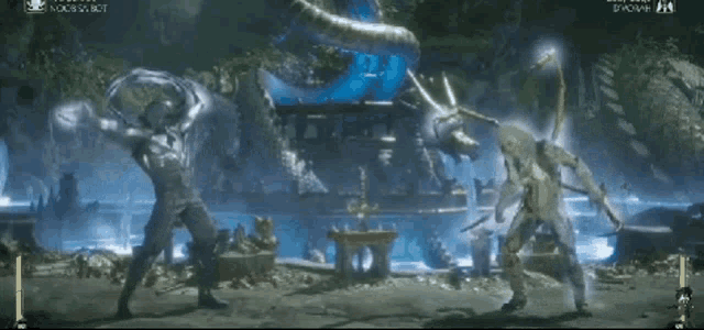 two men are fighting in a video game with a dragon in the background and a screen that says ' ninja select ' on it