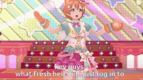 a cartoon of a girl with the words hey guys what fresh hell did i just log in to on the bottom