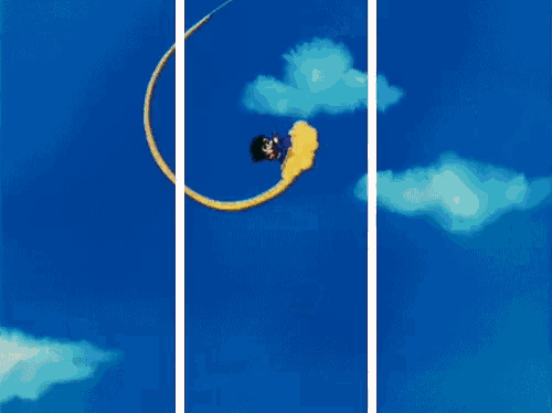 a cartoon character is flying through the air in a circle .