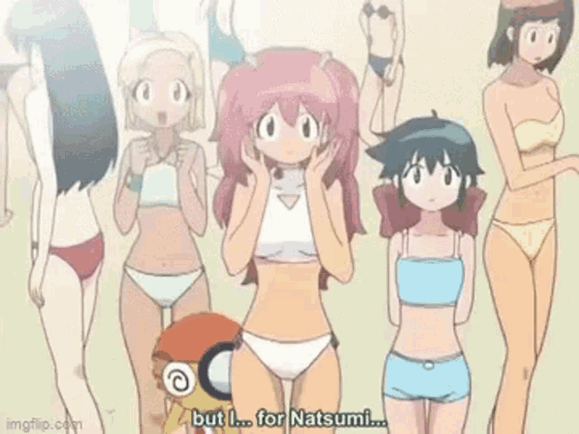 a group of anime girls are standing next to each other on a beach . one of the girls is wearing a bikini .