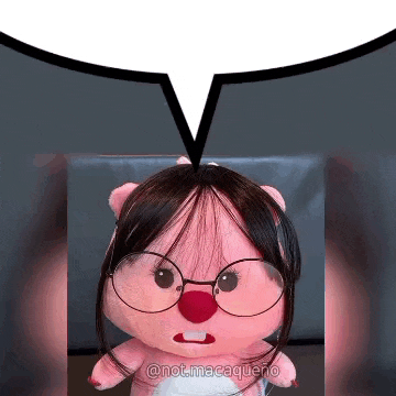 a stuffed animal with glasses and a red nose is talking .