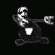 a black and white image of a man holding a gun .