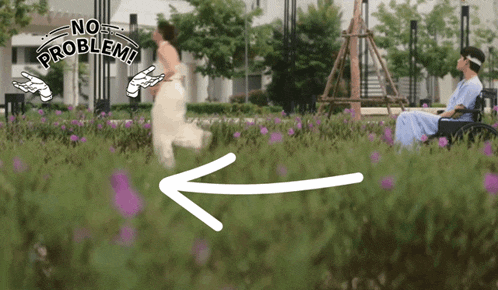 a woman in a white dress is running towards a woman in a wheelchair in a park