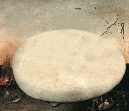 a painting of a giant white egg with a turtle in the foreground