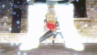 a person is standing in front of a brick wall with a sword in their hands