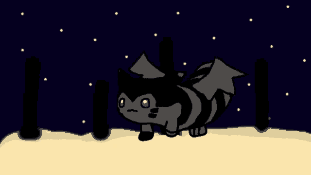 a cartoon drawing of a cat with purple eyes and wings