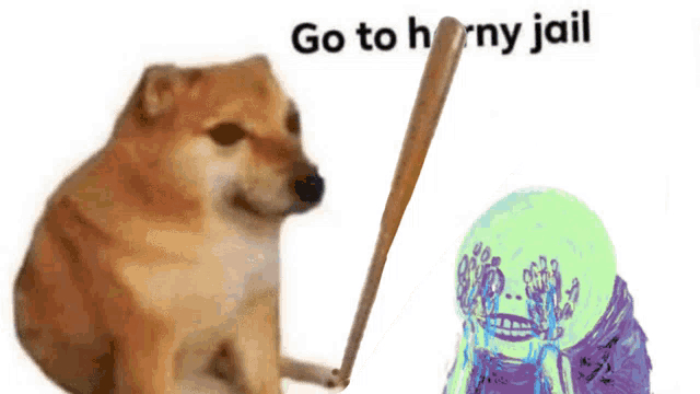 a cheems dog is holding a bat next to a skeleton .