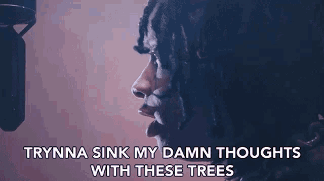 a close up of a person singing into a microphone with the words trynna sink my damn thoughts with these trees