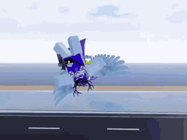 a cartoon character is flying over a road in front of a body of water .