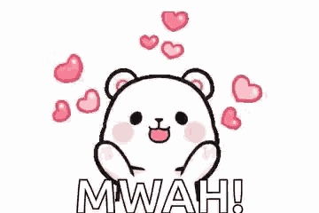 a cartoon of a teddy bear with hearts around it and the words `` mwah '' .