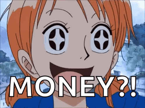 a cartoon of a girl with the words money written on her face