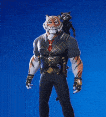 a man with a tiger 's head is flexing his muscles