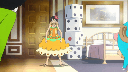 a cartoon character in an orange dress stands in front of a stack of dice