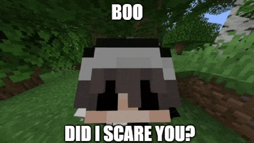 a minecraft character is standing in the woods and says boo did i scare you .