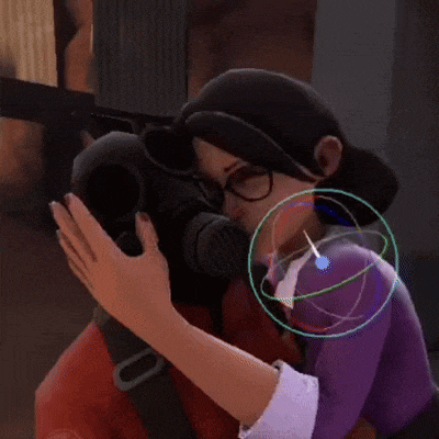a woman wearing glasses is holding a gas mask over a man 's face