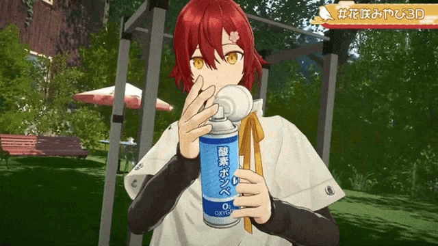 a girl with red hair is holding a can of o2