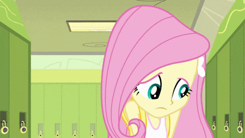 a cartoon of a girl with pink hair is standing in a locker room