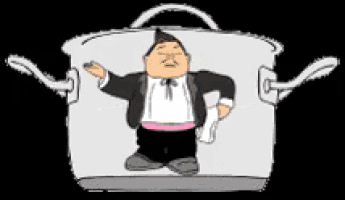 a man in a tuxedo is standing in a pot with his arms outstretched
